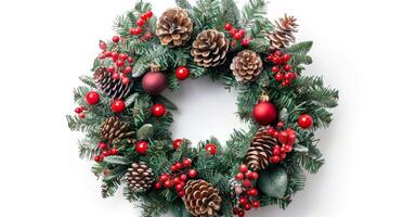 Festive Christmas Wreath With Pine Cones, Berries, and Ornaments photo