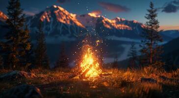 Campfire Burning Brightly in a Mountain Forest at Night photo