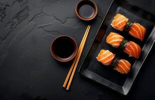 Salmon Nigiri Sushi on a Black Plate With Soy Sauce and Chopsticks photo