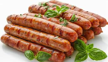 Close Up of Grilled Sausages With Basil Garnish photo