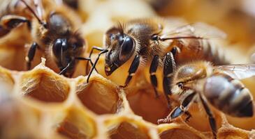 Closeup of Honey Bee Working on Honeycomb photo