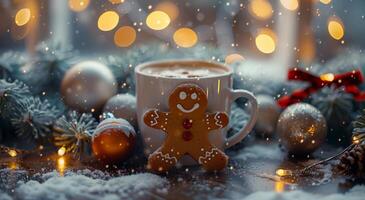 Gingerbread Man Cookie and Hot Chocolate in a Snowy Winter Setting photo