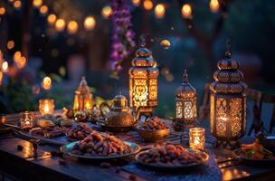 Festive Evening Table Setting With Ornate Lanterns and Dates photo