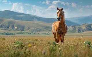 A Single Horse Stands in a Meadow Under a Blue Sky photo