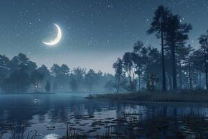 Tranquil Nighttime Scene With Crescent Moon Over Foggy Lake and Silhouetted Trees photo