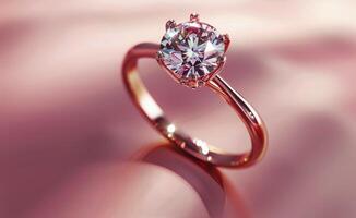 Close Up of Diamond Engagement Ring on Pink Surface photo