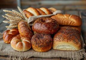 Assortment of Freshly Baked Breads on Rustic Wooden Tabletop photo