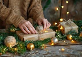 Person Wrapping Christmas Gift With Green Pine Sprig on Rustic Wooden Table photo