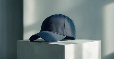Blue Baseball Cap On White Surface With Blurry Green Plant In Background photo
