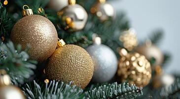 Close Up of Gold and Silver Ornaments Hanging on a Christmas Tree photo