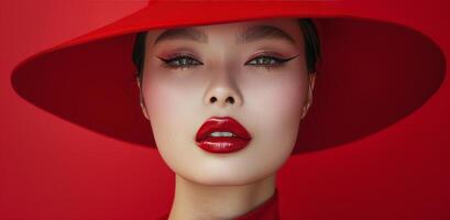 Close Up Portrait of a Woman Wearing a Red Hat and Red Lipstick photo