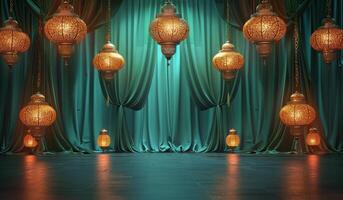 Ornate Golden Lanterns Hanging in Front of Teal Curtains photo