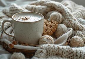 Cozy Winter Morning With Coffee, Cookie, and Yarn photo