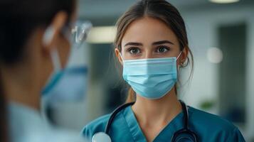 Healthcare worker in a mask focusing on patient care in a medical facility photo