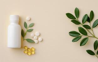 White Bottle and Pills With Green Leaves photo