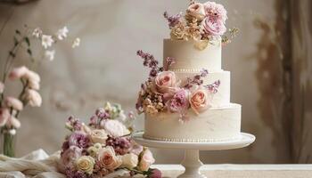 Three-Tier Wedding Cake Decorated With Pink Roses and Greenery photo