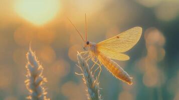 Delicate butterfly resting on a flower during a golden sunset photo