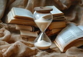 An Hourglass Resting on Vintage Books and Burlap Fabric photo