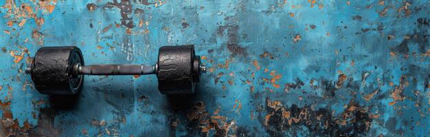 A Single Dumbbell on a Blue Concrete Surface photo