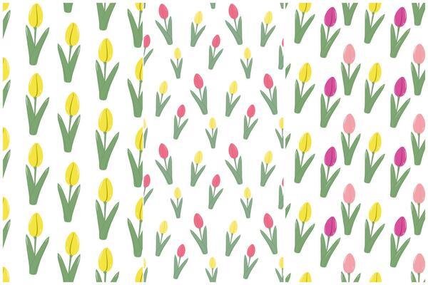 Stylized tulips Seamless pattern in trendy spring yellow and pink shades. Background idea Set of 3. Isolated illustration Wrapping, wallpaper or web promo, banner, greetings or invitation cards
