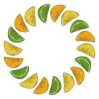 Orange, lemon and lime slices Circle Frame border in trendy colors. Decorative Template. Copy space. Isolated illustration Thematic cards, poster, leaflet, banner, price tag, label or web promo vector