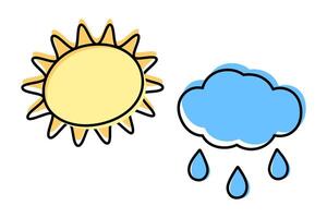 Stylized Sun with rays and cloud with drops Simple linear icon with color fill not along contour. Isolated illustration Sticker, pointers, cards, posters, banner, price tags, label or web promo vector