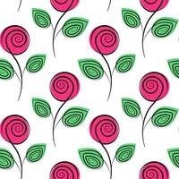 Stylized rose on stem with leaves Seamless Pattern in trendy marker green and pink. Spring backdrop. Isolated illustration Wrapping, wallpaper or web, banner, greetings or invitation background vector