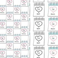 February, March, April 14 Calendar pages with date and heart stroke around Seamless pattern Set of 2. Isolated illustration Wallpaper, wrapping or web promo, posters, banner, label, price tag vector