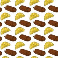 Lemon slices and Cinnamon sticks Seamless pattern in trendy Pop Art. Background or wallpaper concept. Isolated illustration Wrapping or web, posters, banners, brochures, cards, price tag, label vector