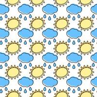 Outline Cloud with drops Sun with rays filled not along contour Seamless pattern. Seasonal packing. Isolated illustration Sticker, pointers, cards, posters, banner, price tags, label or web vector