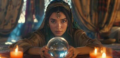 A Young Woman Gazing Into a Crystal Ball in a Mystical Setting photo