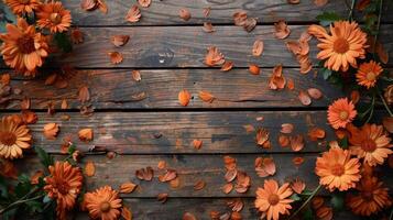 Orange Flowers and Petals Scattered on Brown Wooden Plank Background photo