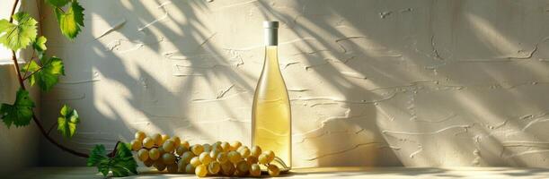 White Wine Bottle and Grapes Against a White Wall With Sunlight photo