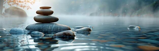 Stacked Stones in Tranquil Water at Sunset photo