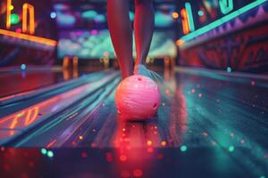 A Bowling Ball Rolling Down the Lane in a Neon-Lit Bowling Alley photo