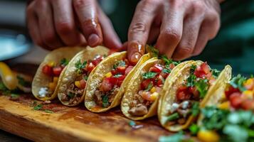 Chef preparing fresh tacos with diced vegetables and herbs on a wooden cutting board photo