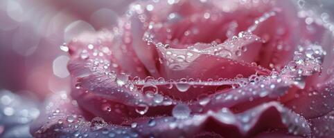 Close Up of a Dew-Covered Pink Rose Petals photo