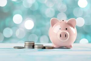 Piggy Bank and Coins on Blue Background photo