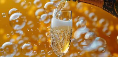 Champagne Pouring Into Glass With Bubbles in the Background photo