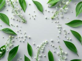 Fresh Lily Of The Valley Flowers And Green Leaves On White Background photo