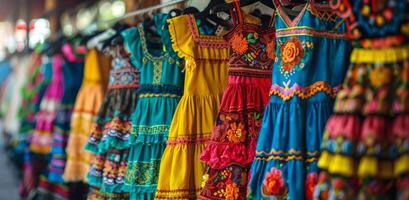 Colorful Embroidered Dresses Hanging On A Wooden Railing photo