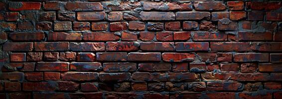 Close Up View of Old Red Brick Wall With Light Shining From Above photo