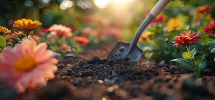 Garden Filled With Flowers and Shovel photo