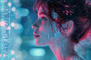 Woman Gazing Through Window With Neon Lights and Digital Patterns photo