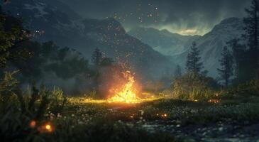 Campfire Burning Brightly in a Mountain Forest at Night photo