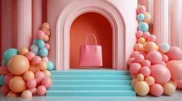 Pink-themed decorative display with whimsical trees and various bags during daylight photo