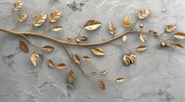 Golden Branch With Leaves on Grey Concrete Wall photo