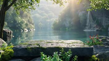 Tranquil Forest Lake Scene With Stone Platform and Lush Greenery photo