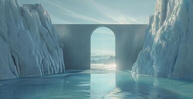 Modern Archway in Arctic Landscape With Icebergs and Water photo