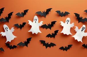 Paper Bats and Ghosts on Orange Background for Halloween photo